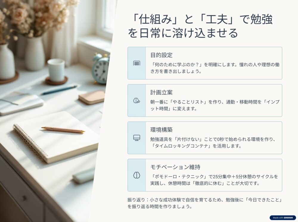 勉強を日常に溶け込ませる仕組みと工夫 「目的設定」「計画立案」「環境構築」「モチベーション維持」