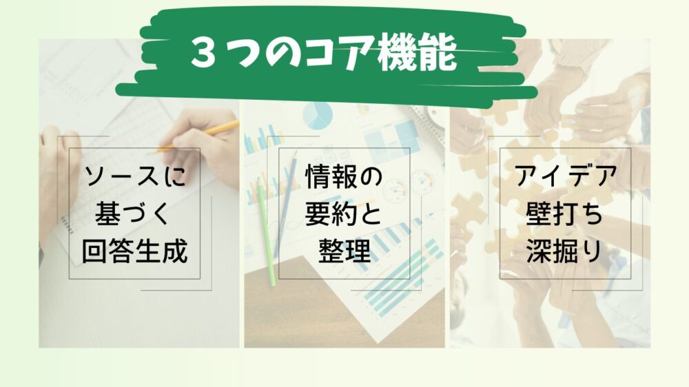 NotebookLMの３つのコア機能「ソースに基づく回答生成」「情報の要約と整理」「アイデアの壁打ちと深掘り」